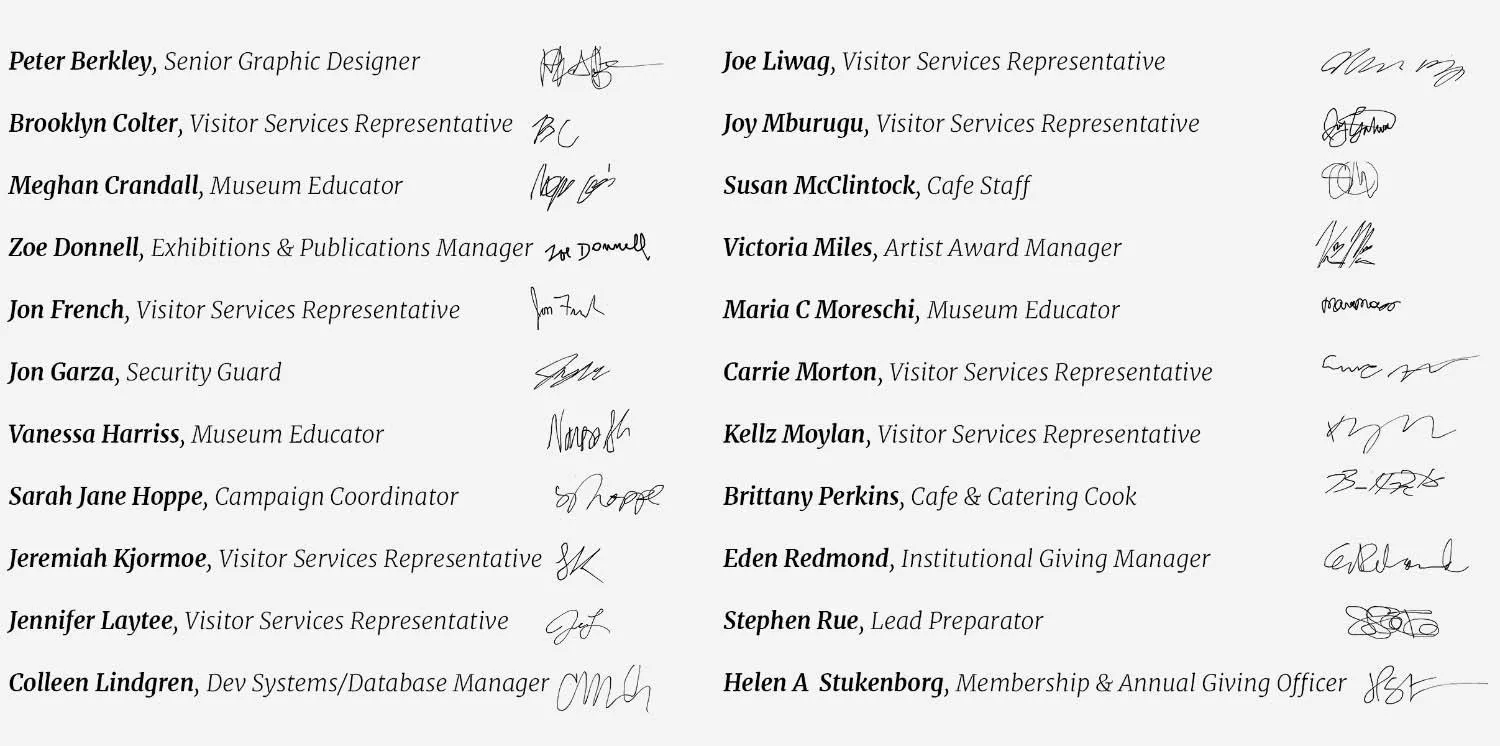 Graphic of the names and signatures of the TAM Workers United Organizing Committee
